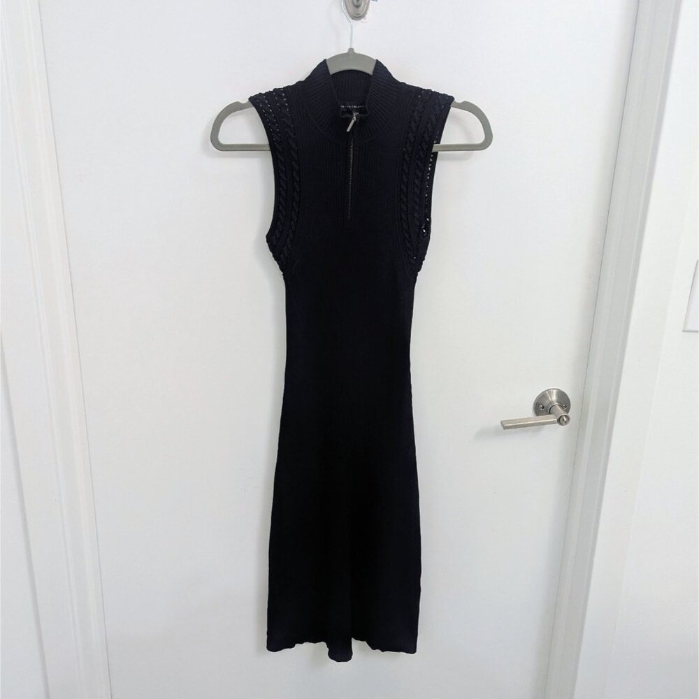 Black Ribbed Zip Mock Neck Lattice Arm Detail Sheath Dress WHBM XXS